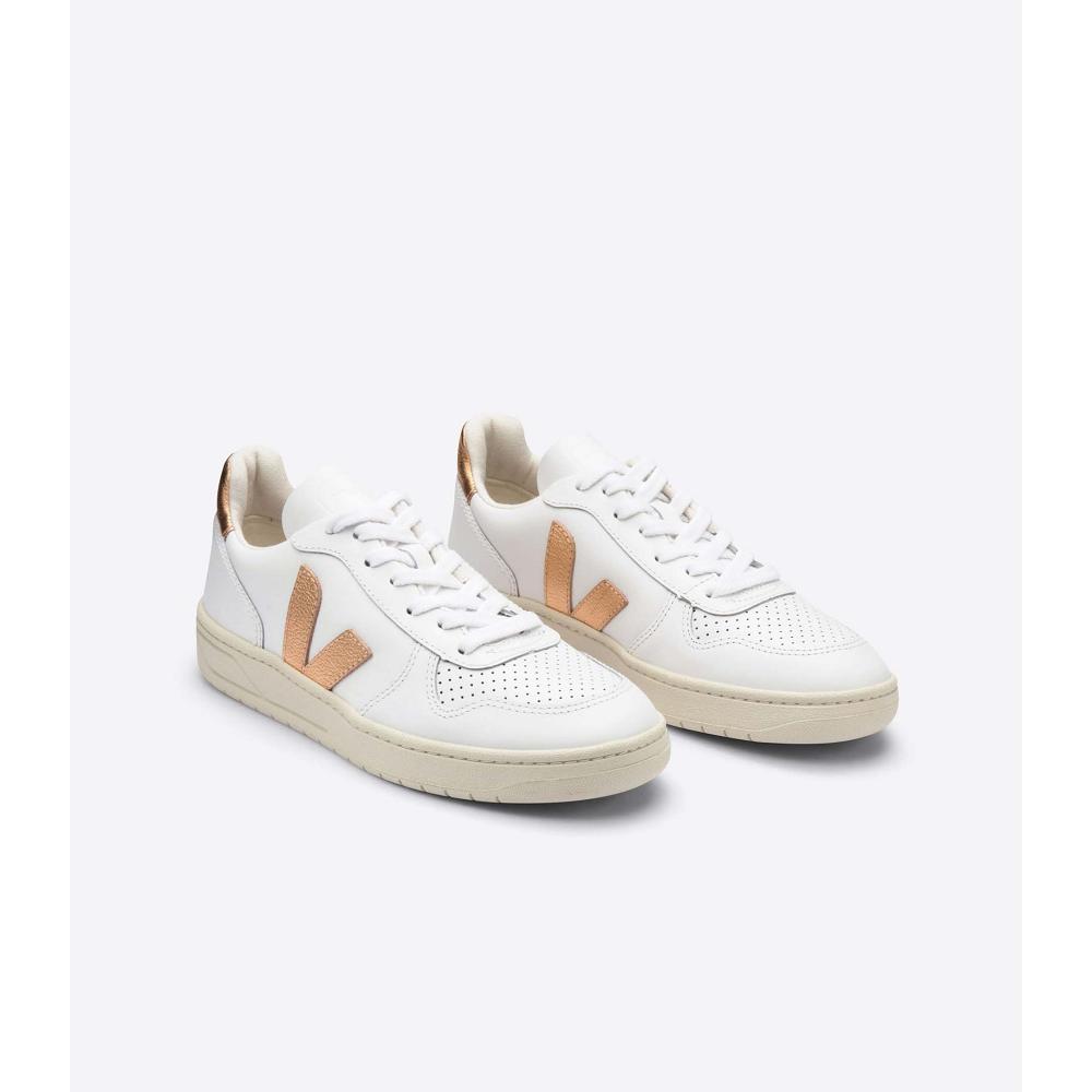 Women's Veja V-10 LEATHER Sneakers White/Gold | SG 641CTV